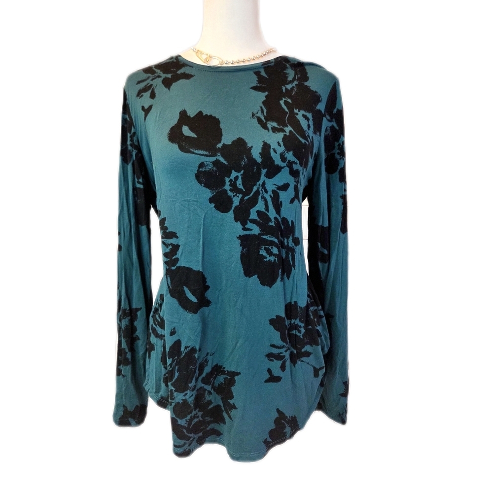 Apt. 9 Teal and Black Floral Long Sleeve Top